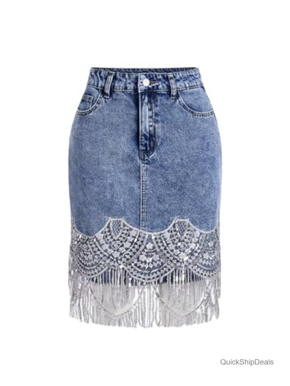 High Waisted Tassel Denim Midi Skirt Patchwork Fringe Scalloped Hem